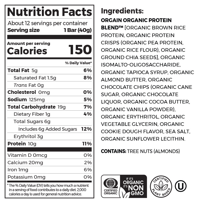 Nutrition fact panel and list of ingredients of Organic Protein Bar - Chocolate Chip Cookie Dough  Flavor in the 12 Bars Size