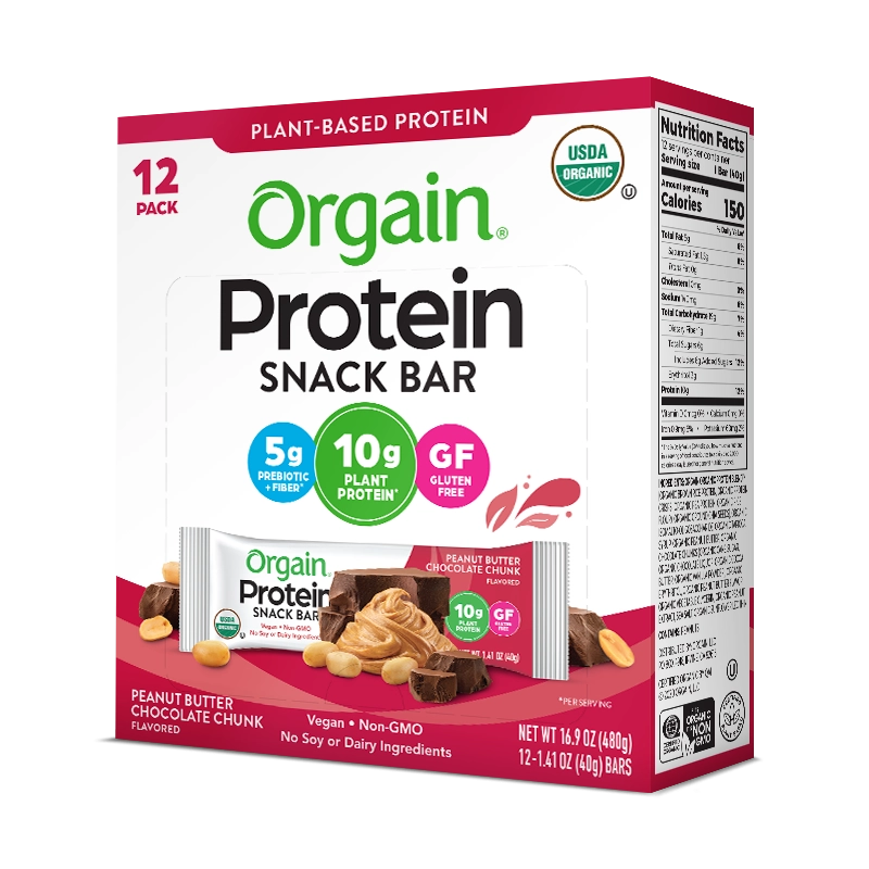 Angled Right side of Organic Protein Bar - Peanut Butter Chocolate Chunk  Flavor in the 12 Bars Size