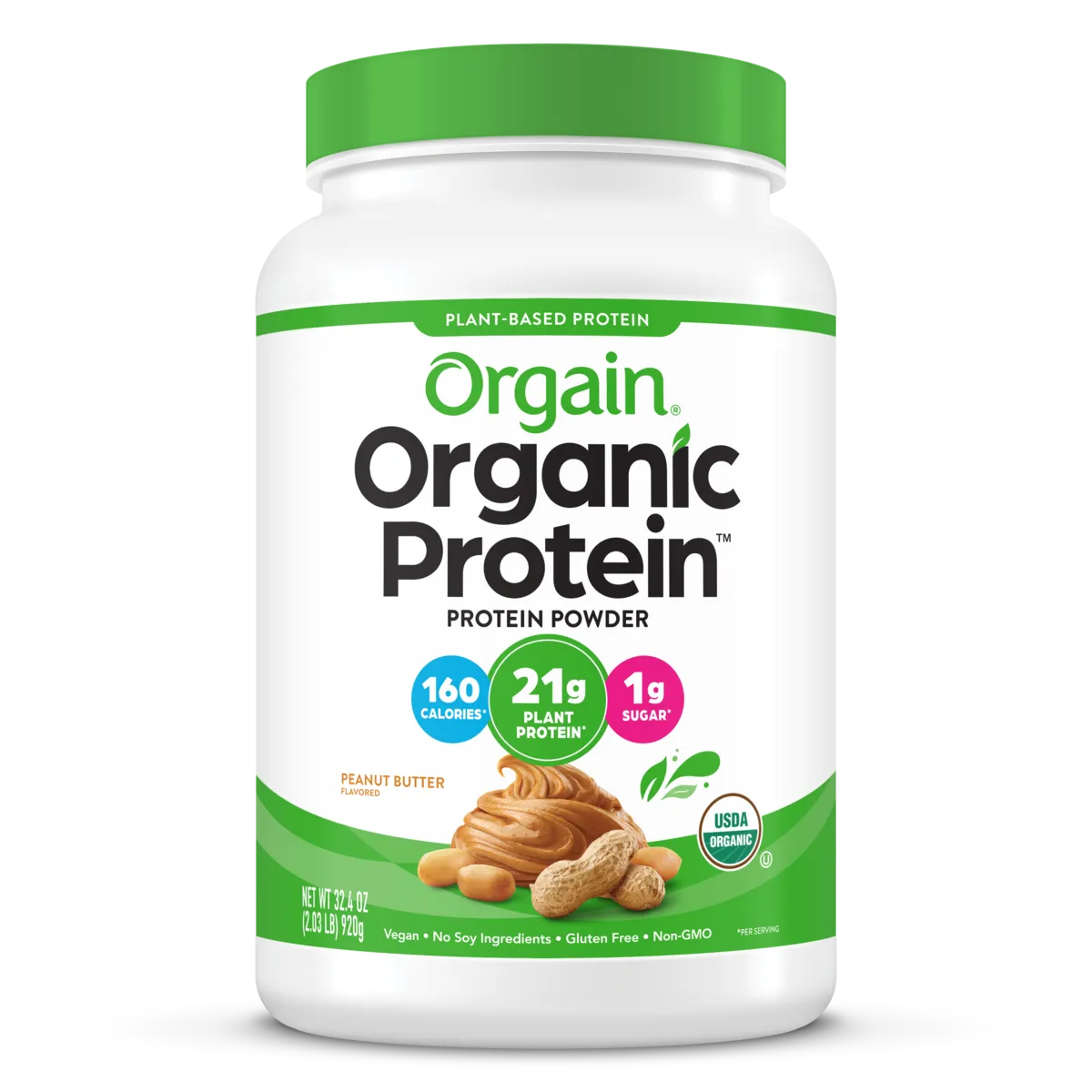 Front of Organic Protein Plant Based Protein Powder - Peanut Butter  Flavor in the 2.03lb Canister Size