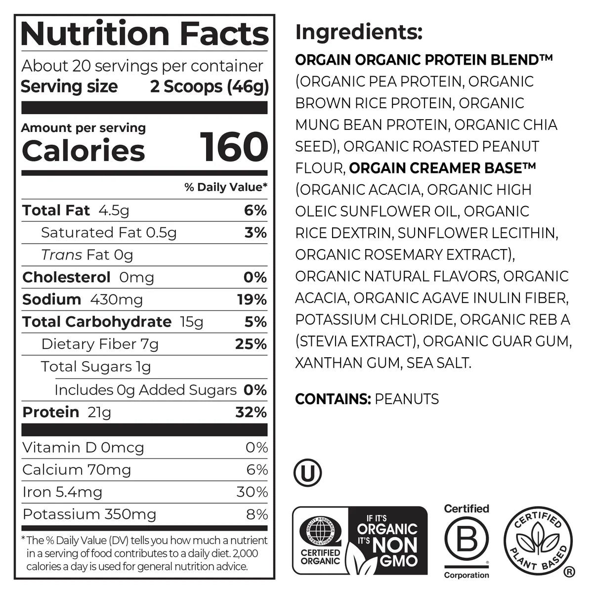 Nutrition fact panel and list of ingredients of Organic Protein Plant Based Protein Powder - Peanut Butter  Flavor in the 2.03lb Canister Size