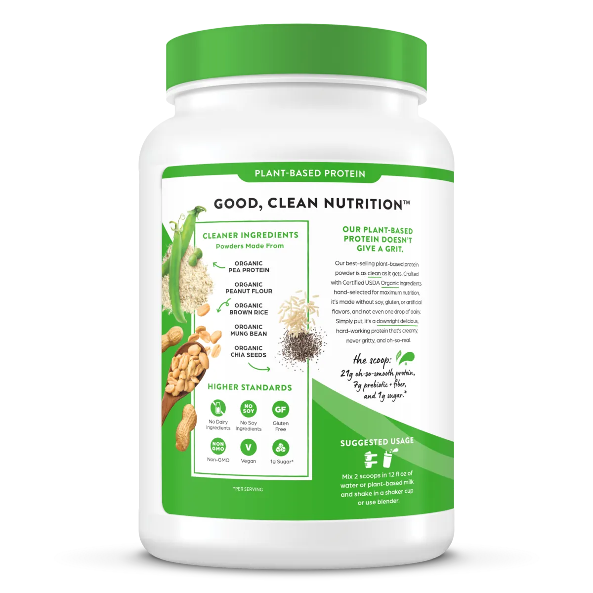 Left side of Organic Protein Plant Based Protein Powder - Peanut Butter  Flavor in the 2.03lb Canister Size