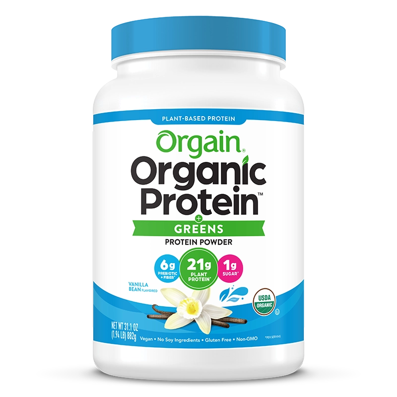 Front of Organic Protein & Greens Plant Based Protein Powder - Vanilla Bean  Flavor in the 1.94lb Canister Size