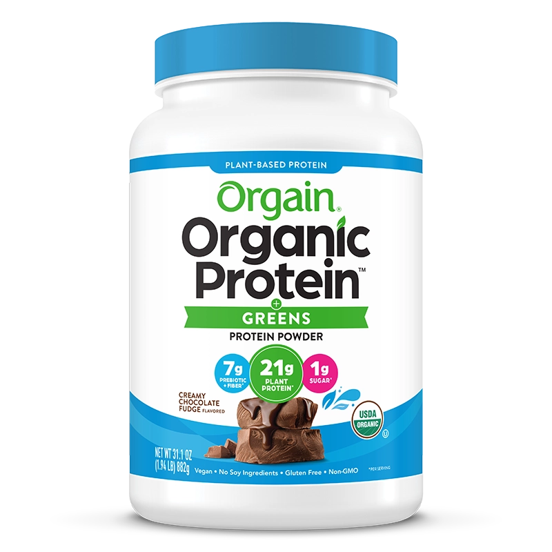 Front of Organic Protein & Greens Plant Based Protein Powder Creamy Chocolate Fudge Flavor in the 1.94lb Canister Size