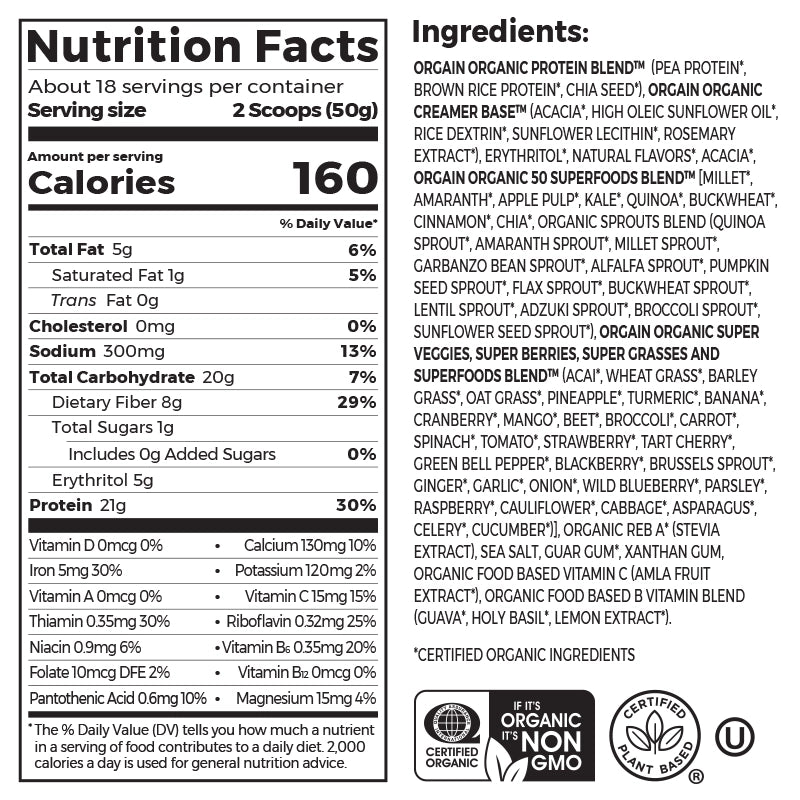 Nutrition fact panel and list of ingredients of Organic Protein & Superfoods Plant Based Protein Powder - Vanilla bean  Flavor in the 1.12lb Canister Size