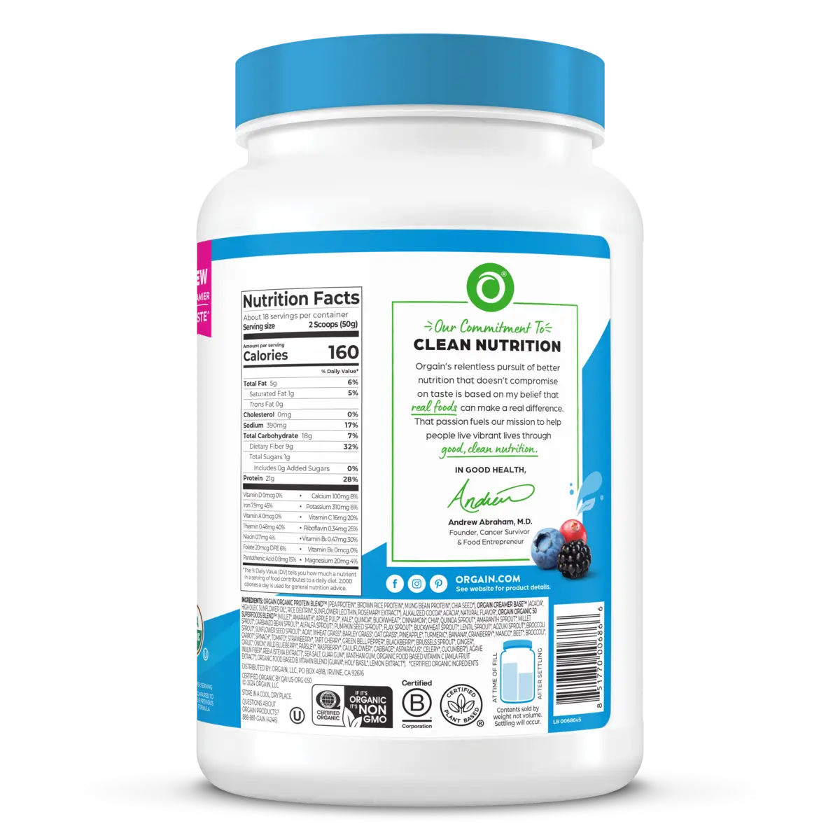 Right side of Organic Protein & Superfoods Plant Based Protein Powder Creamy Chocolate Fudge Flavor in the 2.02lb Canister Size