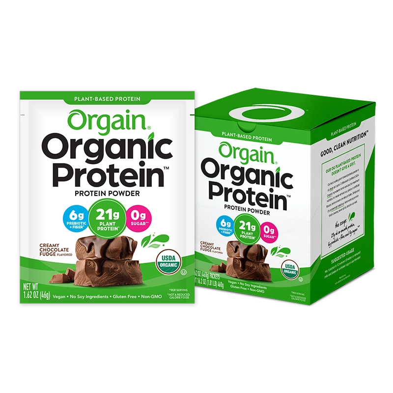 Angled Right side of Organic Protein Plant Based Protein Powder Creamy Chocolate Fudge Flavor in the 10 single-serve packets Size