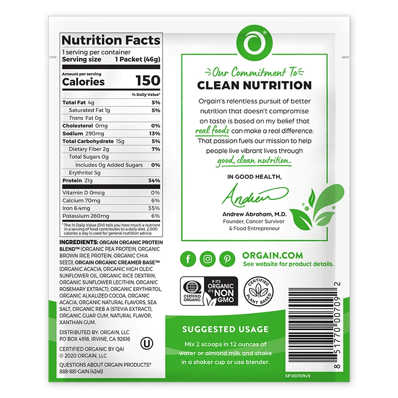 Back of Single Serve Organic Protein Plant Based Protein Powder Vanilla Bean Flavor in the 10 Single-serve packets Size