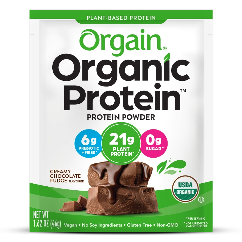 Front of Organic Protein Plant Based Protein Powder Creamy Chocolate Fudge Flavor in the 10 single-serve packets Size