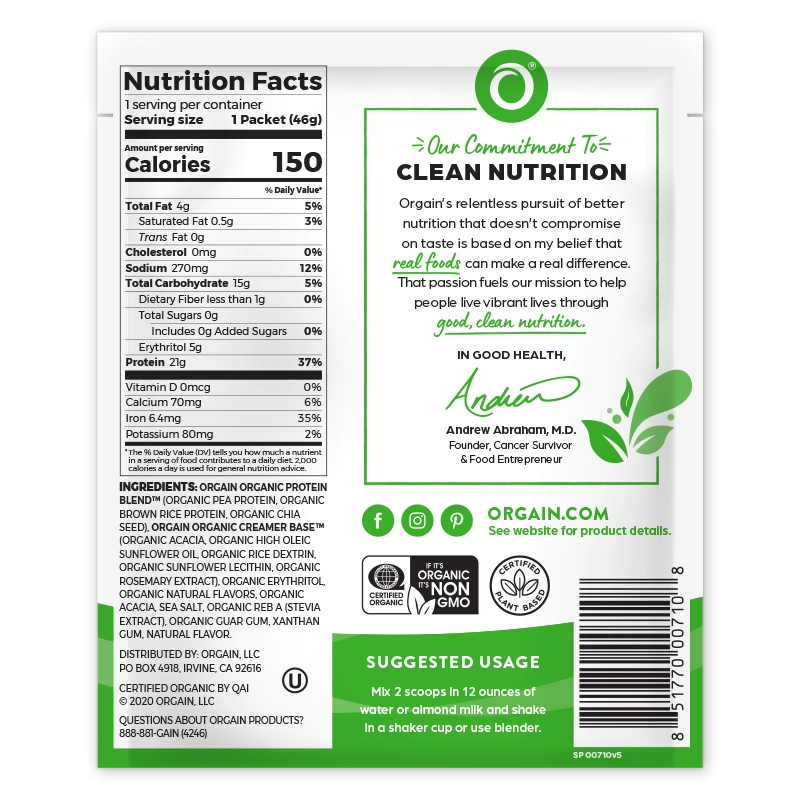 Back of Single Serve Organic Protein Plant Based Protein Powder - Vanilla Bean  Flavor in the 10 single-serve packets Size