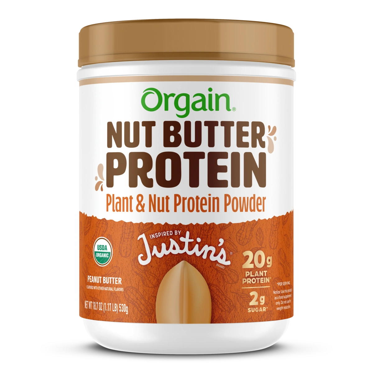 Front of Orgain Nut Butter Protein Plant & Nut Protein Powder in the peanut butter flavor