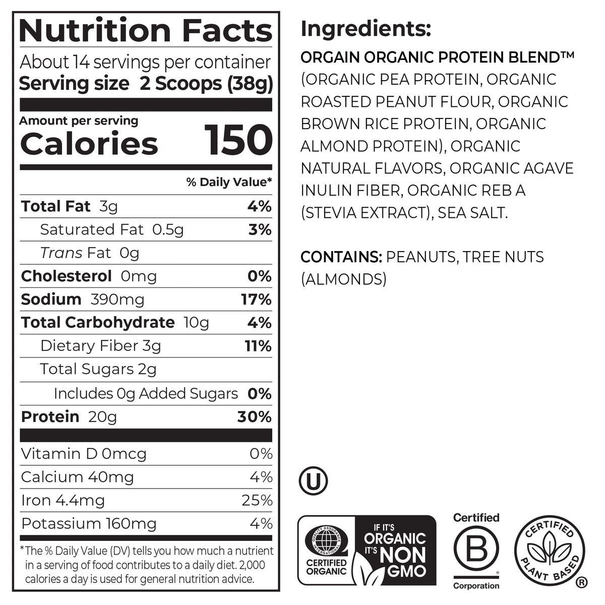 Nutrition Fact Panel and list of ingredients for Orgain Nut Butter Protein Plant & Nut Protein Powder in the peanut butter flavor