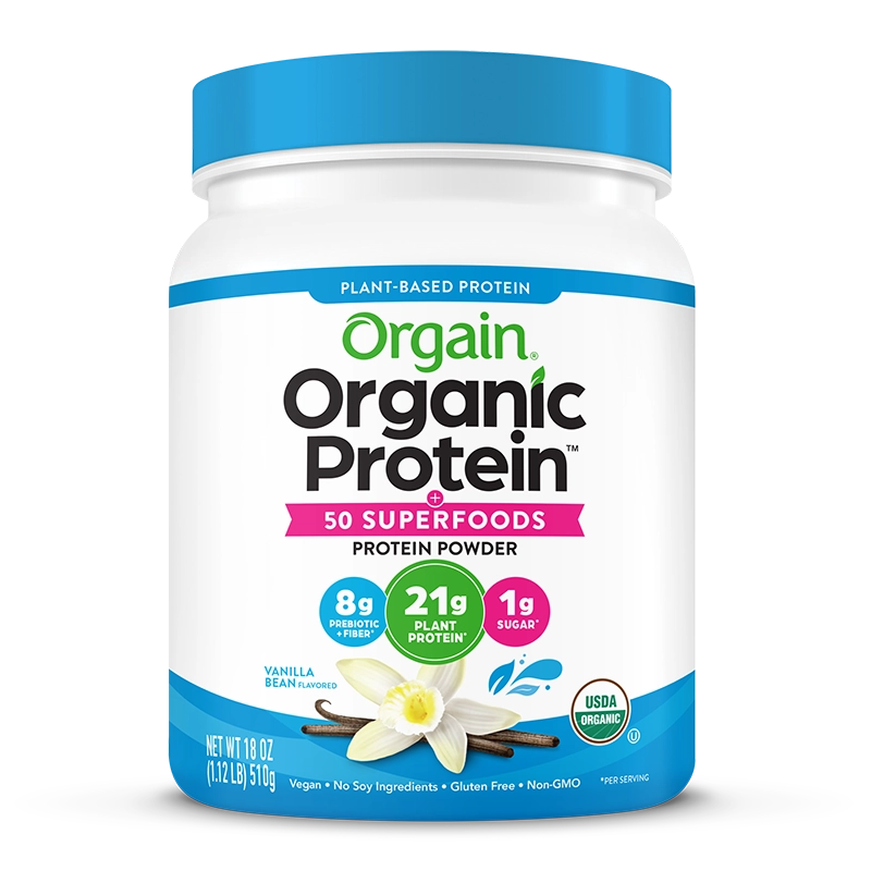 Front of Organic Protein & Superfoods Plant Based Protein Powder - Vanilla bean  Flavor in the 1.12lb Canister Size