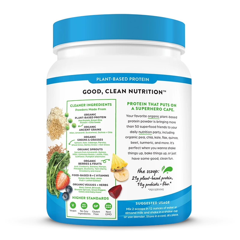 Left side of Organic Protein & Superfoods Plant Based Protein Powder Creamy Chocolate Fudge Flavor in the 1.12lb Canister Size