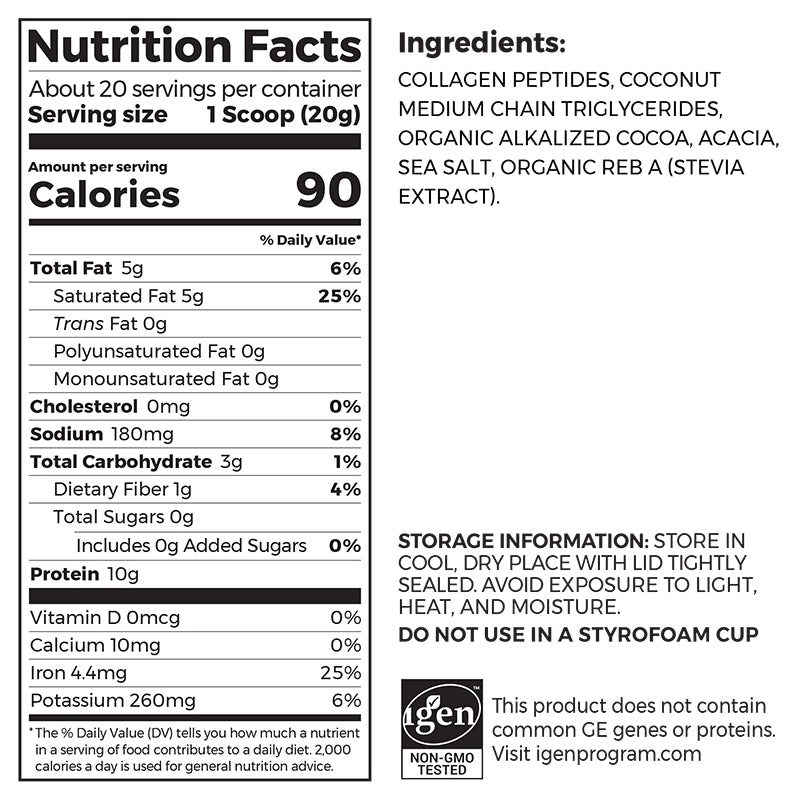 Nutrition fact panel and list of ingredients of Keto Collagen Protein Powder Chocolate Flavor in the 0.88lb Canister Size