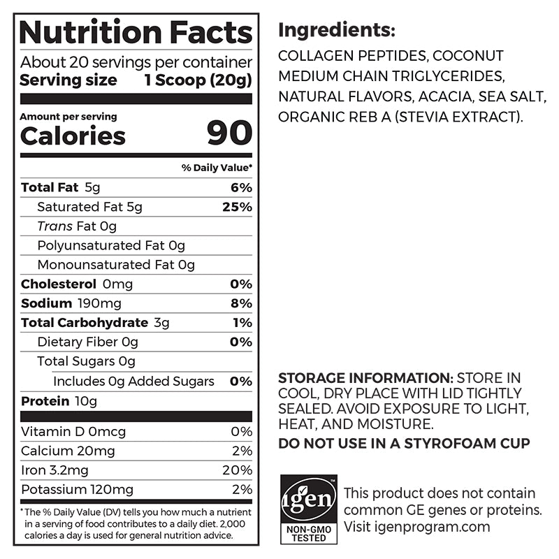 Nutrition fact panel and list of ingredients of Keto Collagen Protein Powder - Vanilla  Flavor in the 0.88lb Canister Size