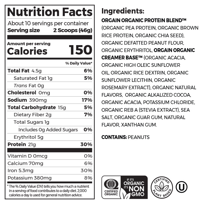 Nutrition fact panel and list of ingredients of Organic Protein Plant Based Protein Powder - Chocolate Peanut Butter  Flavor in the 1.02lb Canister Size
