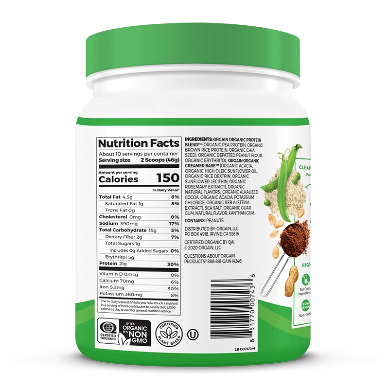 Right side of Organic Protein Plant Based Protein Powder - Chocolate Peanut Butter  Flavor in the 1.02lb Canister Size