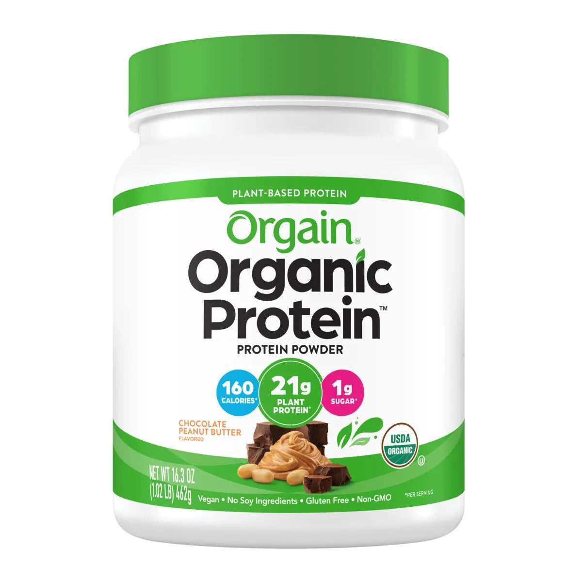 Front of Organic Protein Plant Based Protein Powder - Chocolate Peanut Butter  Flavor in the 1.02lb Canister Size