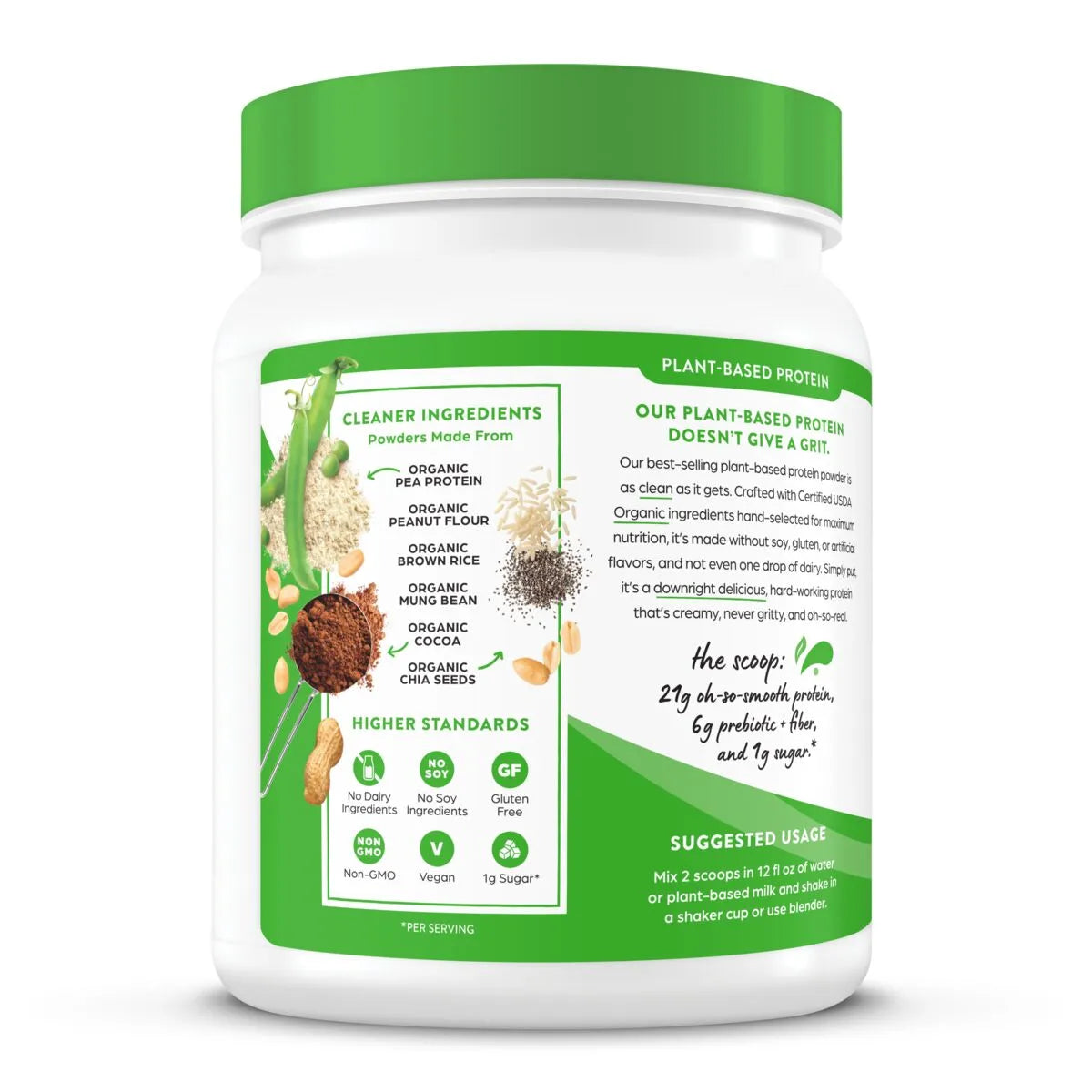 Left side of Organic Protein Plant Based Protein Powder - Chocolate Peanut Butter  Flavor in the 1.02lb Canister Size