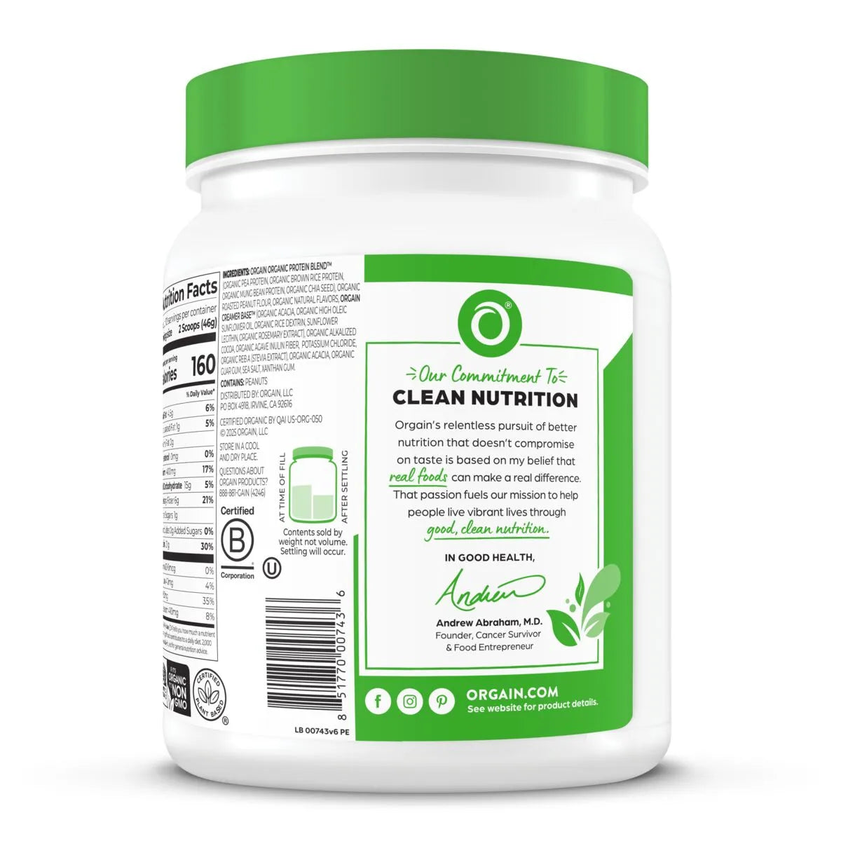 Right side of Organic Protein Plant Based Protein Powder - Chocolate Peanut Butter  Flavor in the 1.02lb Canister Size