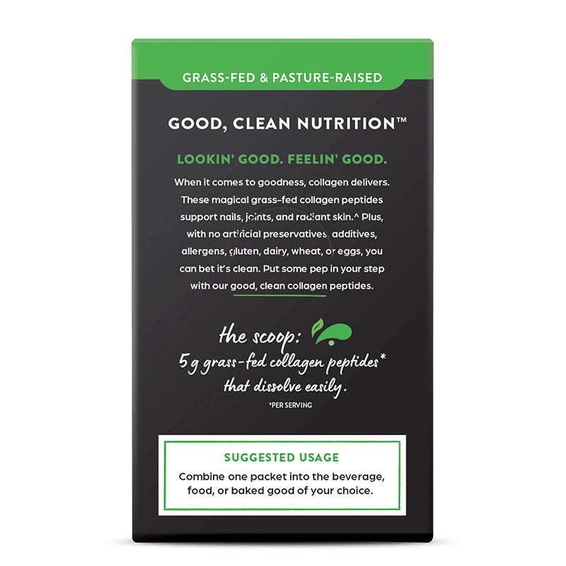Back of Grass Fed Pasture Raised Collagen Peptides 25 Ct Stick Pack Unflavored Flavor in the 25 Ct Single-Serve Stick Pack Size