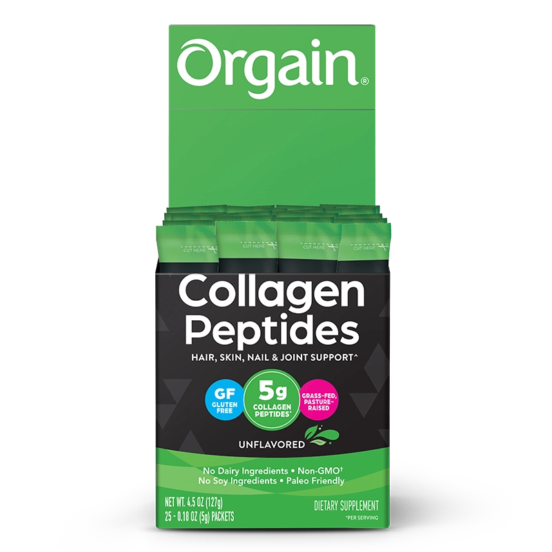 Front of Grass Fed Pasture Raised Collagen Peptides 25 Ct Stick Pack Unflavored Flavor in the 25 Ct Single-Serve Stick Pack Size