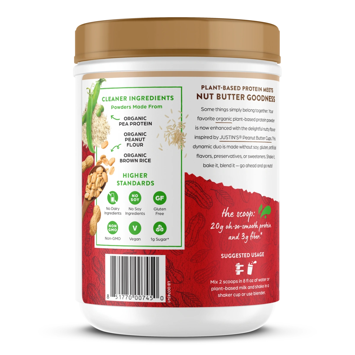 Left side of Orgain Nut Butter Protein Plant & Nut Protein Powder in the dark chocolate peanut butter flavor