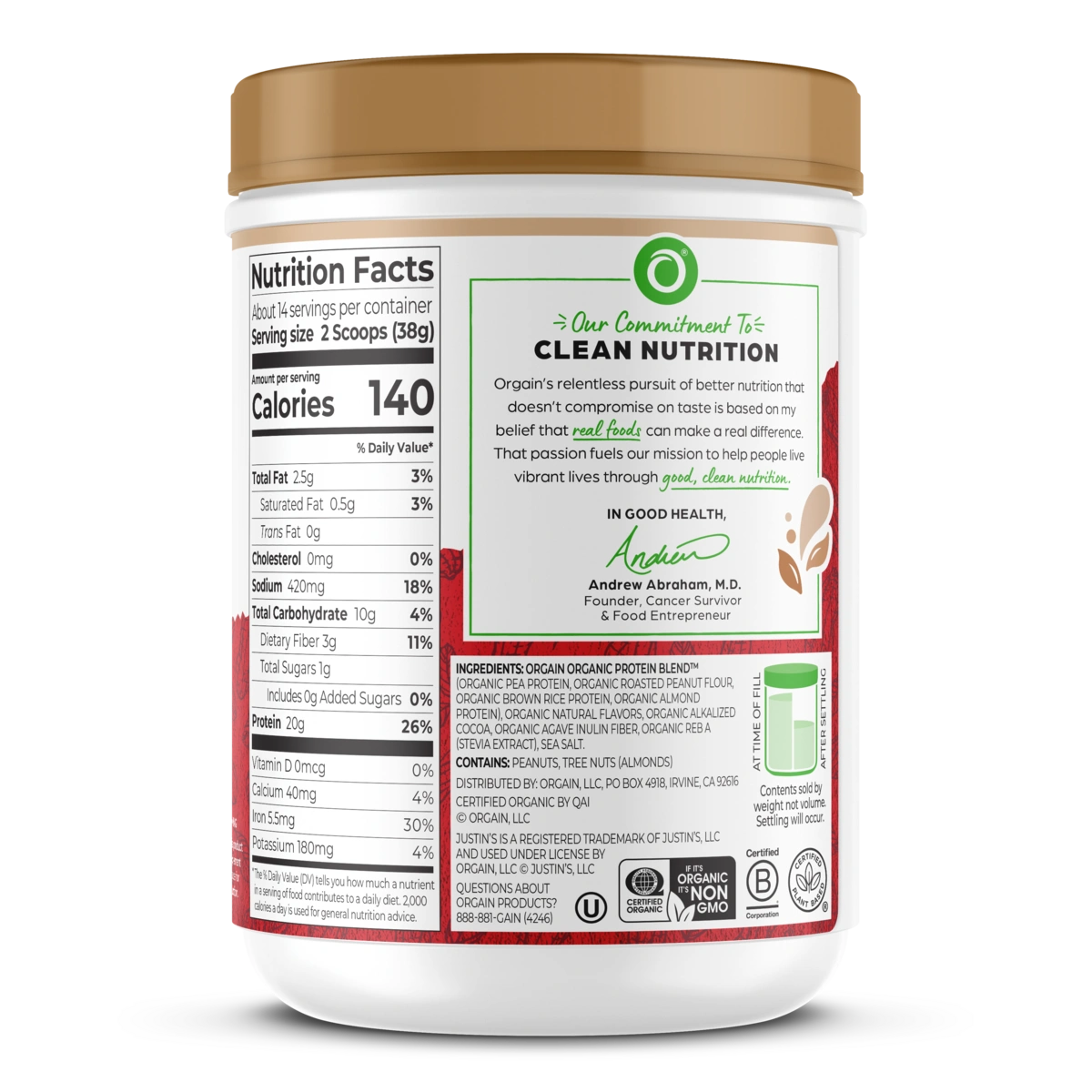 Right side of Orgain Nut Butter Protein Plant & Nut Protein Powder in the dark chocolate peanut butter flavor