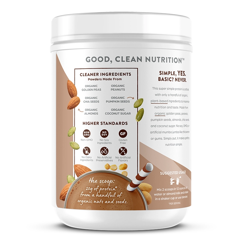 Left side of Simple Organic Plant-Based Protein Powder Creamy Chocolate Flavor in the 1.25lb Canister Size