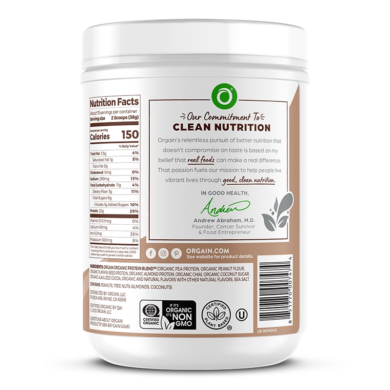 Right side of Simple Organic Plant-Based Protein Powder Creamy Chocolate Flavor in the 1.25lb Canister Size