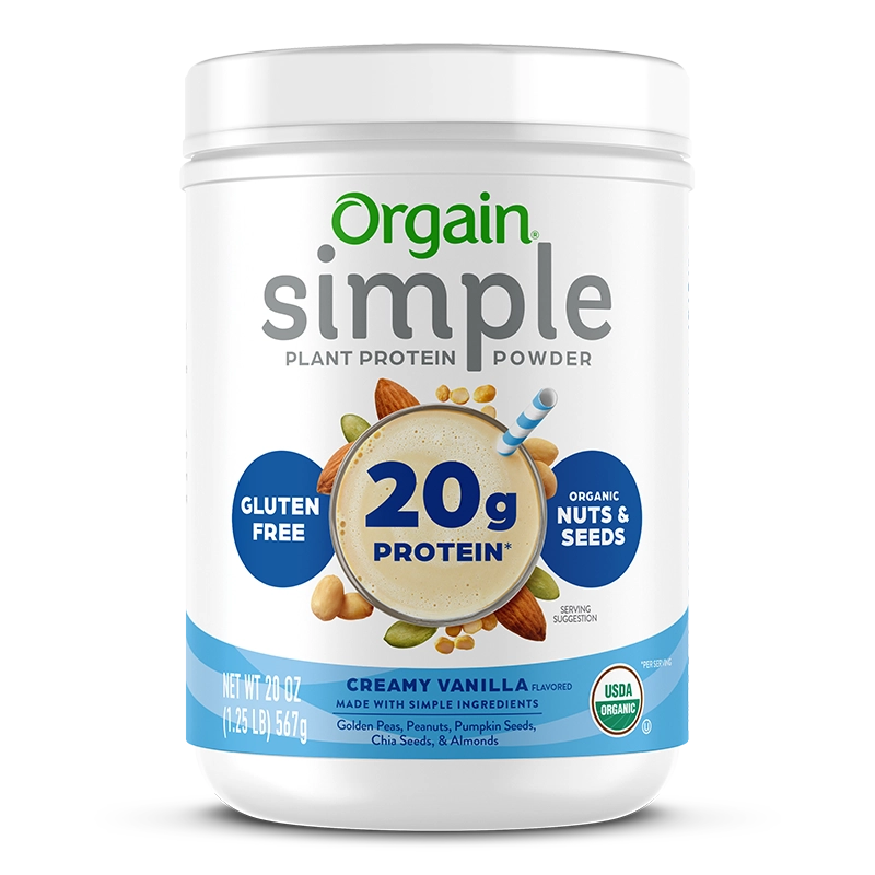 Front of Simple Organic Plant-Based Protein Powder - Creamy Vanilla  Flavor in the 1.25lb Canister Size