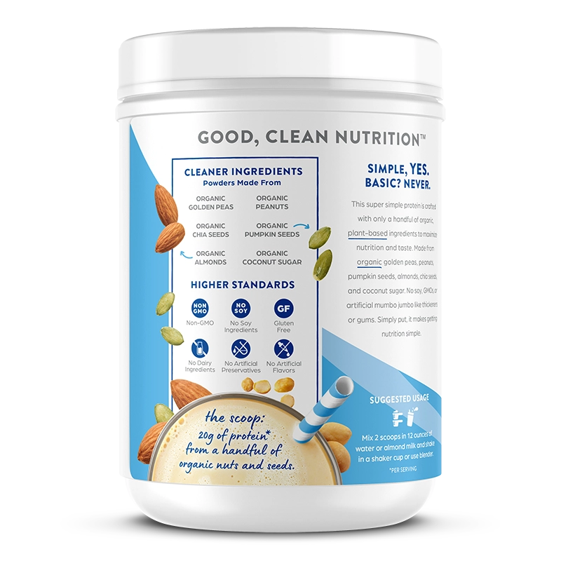 Left side of Simple Organic Plant-Based Protein Powder - Creamy Vanilla  Flavor in the 1.25lb Canister Size