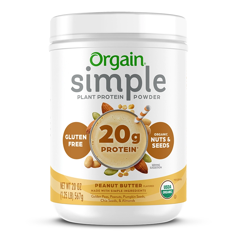 Front of Simple Organic Plant-Based Protein Powder - Peanut Butter  Flavor in the 1.25lb Canister Size