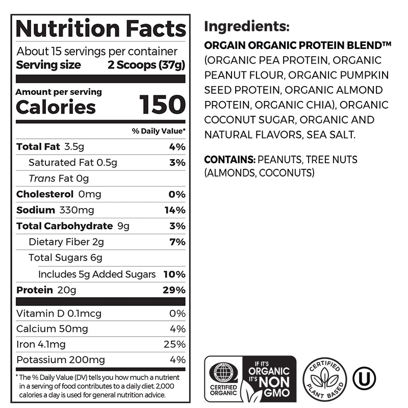 Nutrition fact panel and list of ingredients of Simple Organic Plant-Based Protein Powder - Peanut Butter  Flavor in the 1.25lb Canister Size