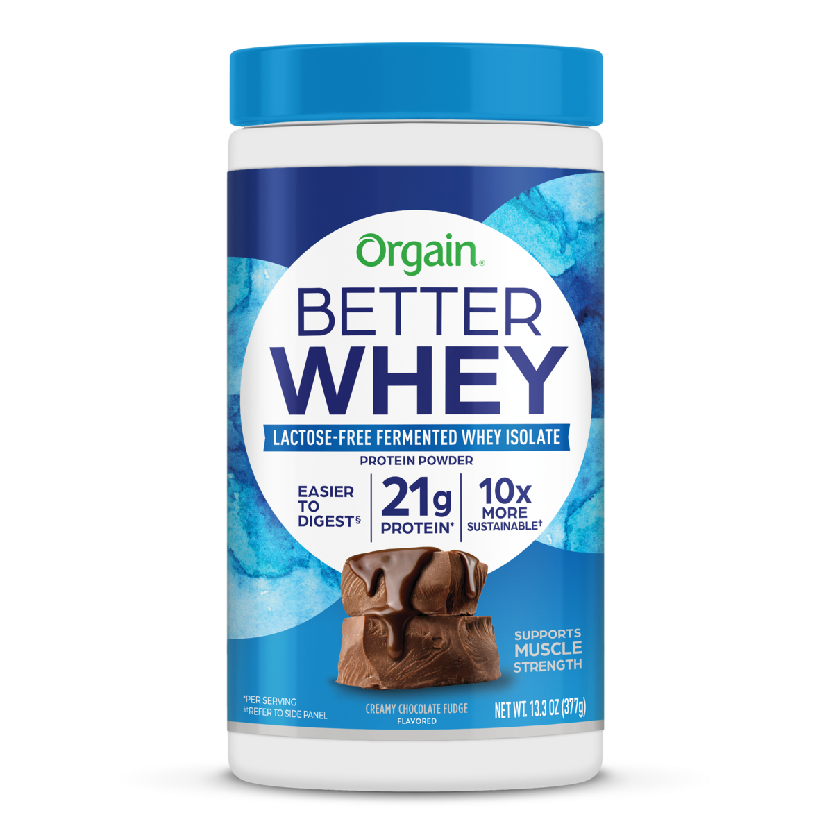 Front of Better Whey Protein Powder Creamy Chocolate Fudge Flavor in the 13.3 oz Size