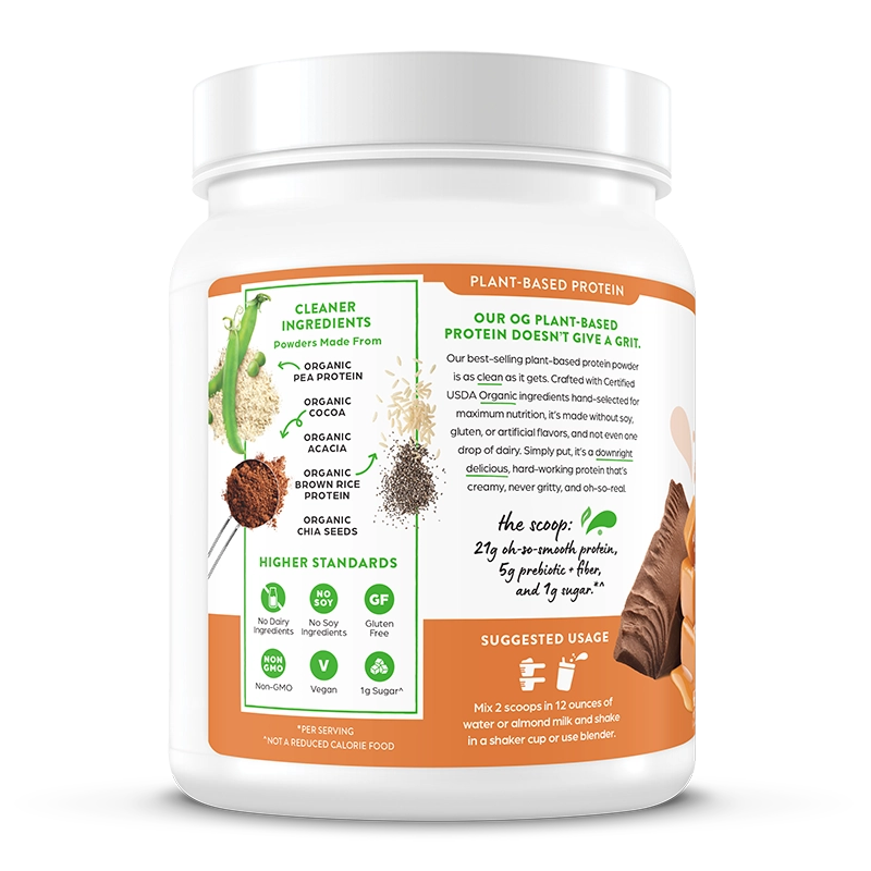 Left side of Organic Protein Plant Based Protein Powder - Chocolate Caramel Sea Salt  Flavor in the 1.02lb Canister Size
