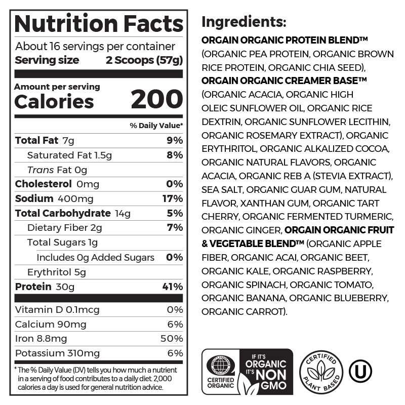 Nutrition fact panel and list of ingredients of Sport Protein Organic Plant Based Powder Chocolate Flavor in the 2.01lb Canister Size