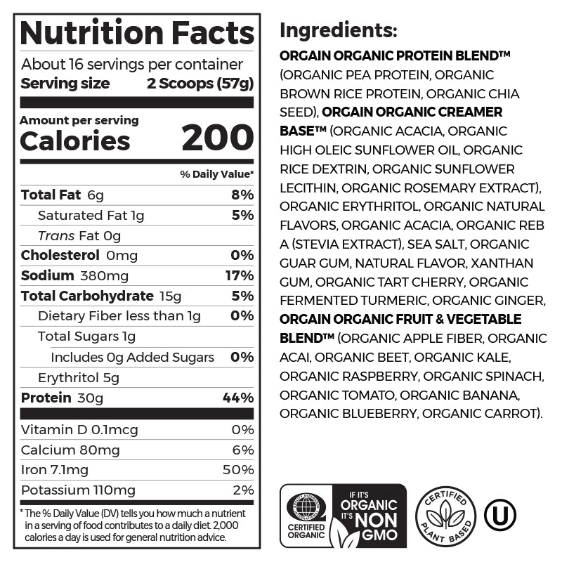 Nutrition fact panel and list of ingredients of Sport Protein Organic Plant Based Powder - Vanilla  Flavor in the 2.01lb Canister Size