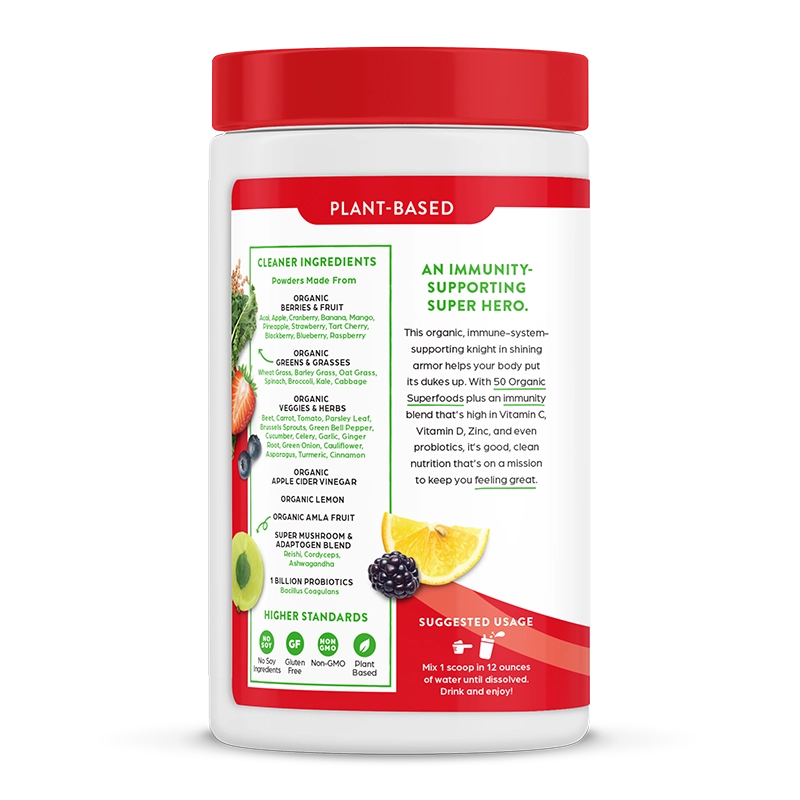 Left side of Superfoods + Immunity Up! Powder Honeycrisp Apple Flavor in the 9.9oz Canister Size
