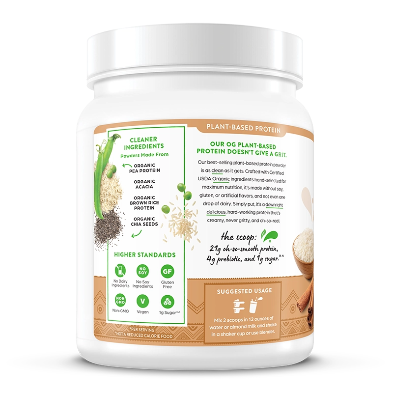 Left side of Organic Protein Plant Based Protein Powder - Vanilla Horchata  Flavor in the 1.02lb Canister Size