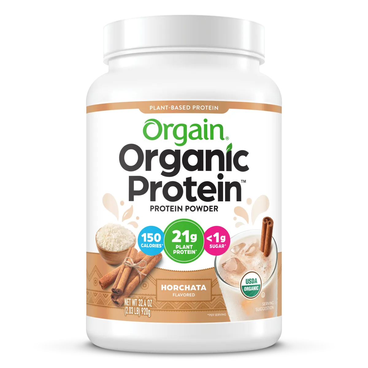 Front of Organic Protein Plant Based Protein Powder - Horchata Flavor in the 2.03lb canister Size