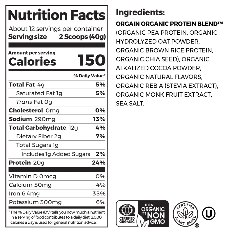 Nutrition fact panel and list of ingredients of Organic Protein + Oatmilk Plant Based Protein Powder Chocolate Flavor in the 1.05lb Canister Size