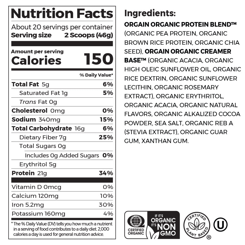 Nutrition fact panel and list of ingredients of Organic Protein Plant Based Protein Powder - Cookies 'n Cream  Flavor in the 2.03lb Canister Size