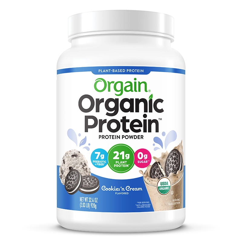 Front of Organic Protein Plant Based Protein Powder - Cookies 'n Cream  Flavor in the 2.03lb Canister Size