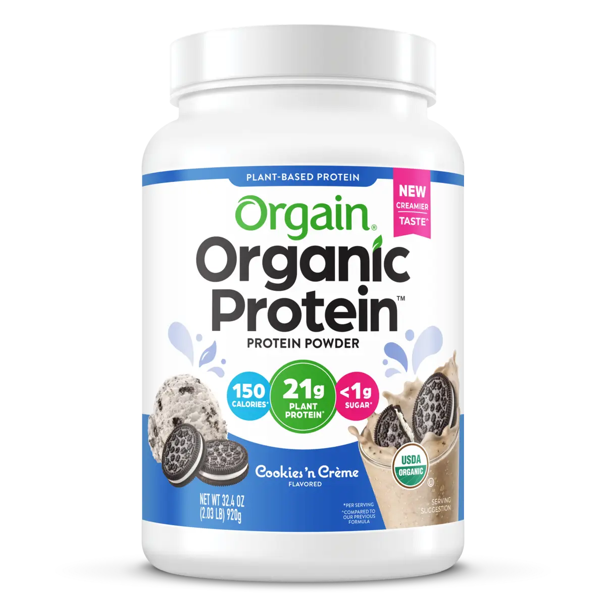 Front of Organic Protein Plant Based Protein Powder - Cookies 'n Cream  Flavor in the 2.03lb Canister Size