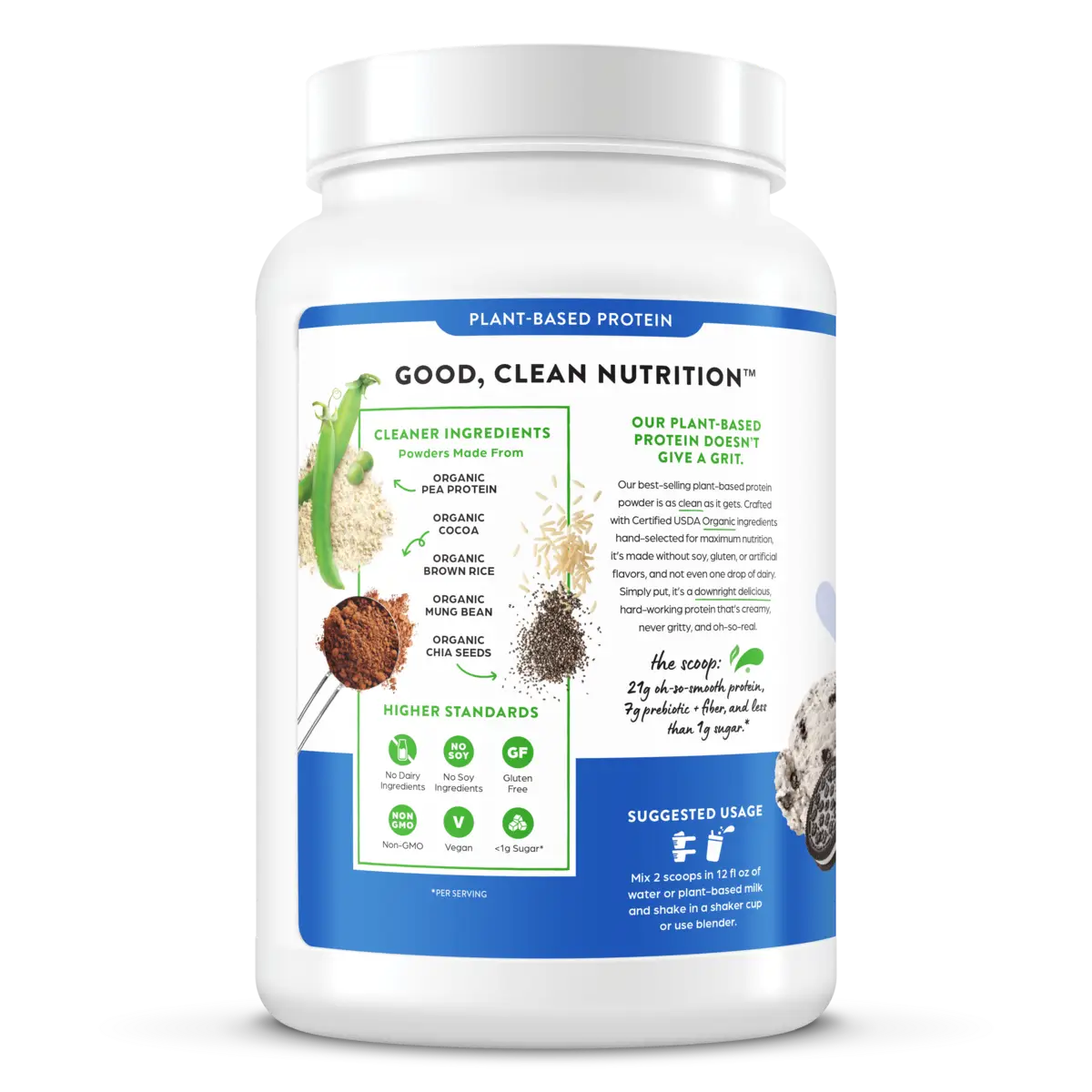 Left side of Organic Protein Plant Based Protein Powder - Cookies 'n Cream  Flavor in the 2.03lb Canister Size