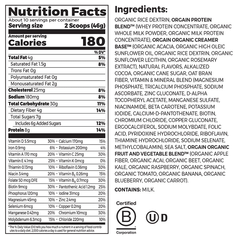 Nutrition fact panel and list of ingredients of Kids Protein Nutrition Shake Mix - Chocolate Brownie  Flavor in the 16.2 oz Canister Size