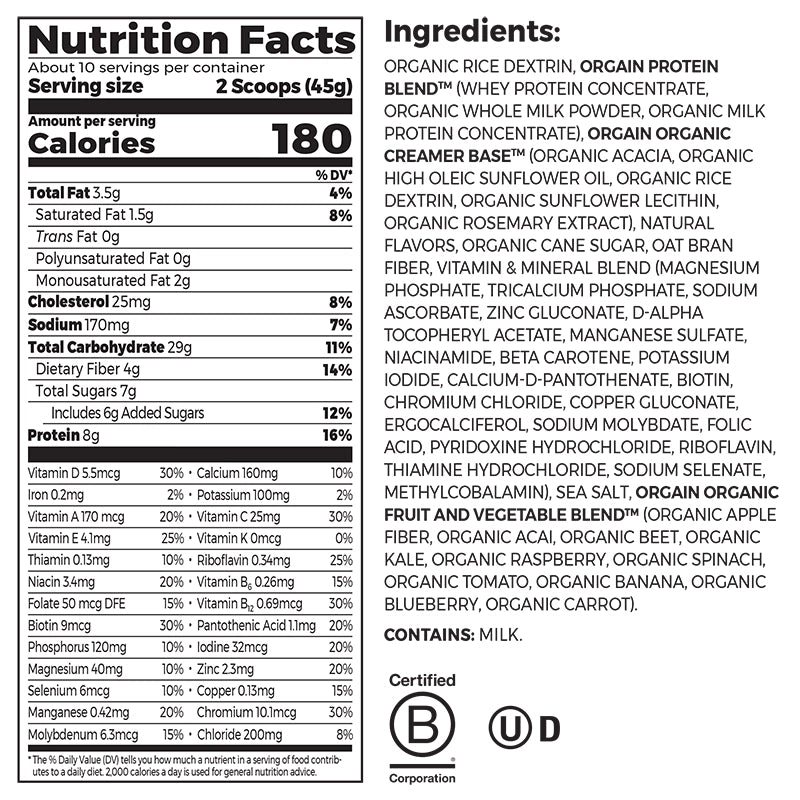 Nutrition fact panel and list of ingredients of Kids Protein Nutrition Shake Mix - Vanilla Bean Ice Cream  Flavor in the 15.9 oz Canister Size