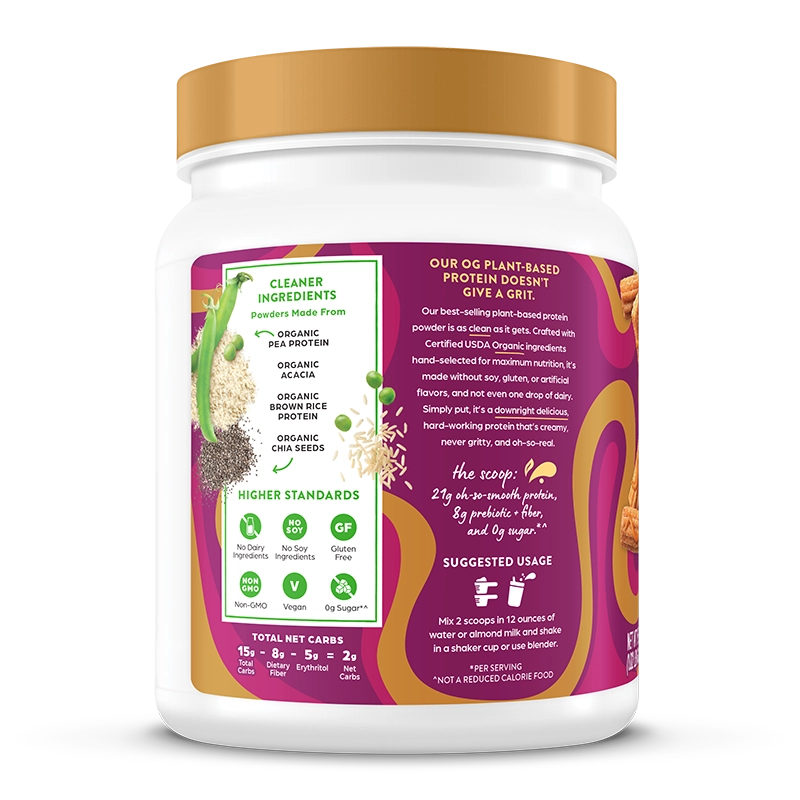Left side of Organic Protein Plant Based Protein Powder - Churro Caramel Swirl  Flavor in the 1.02 lb canister Size