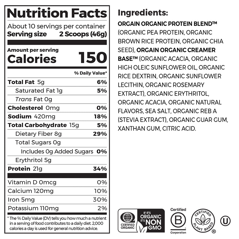 Nutrition fact panel and list of ingredients of Organic Protein Plant Based Protein Powder - Fruity Cereal  Flavor in the 1.02 lb Size